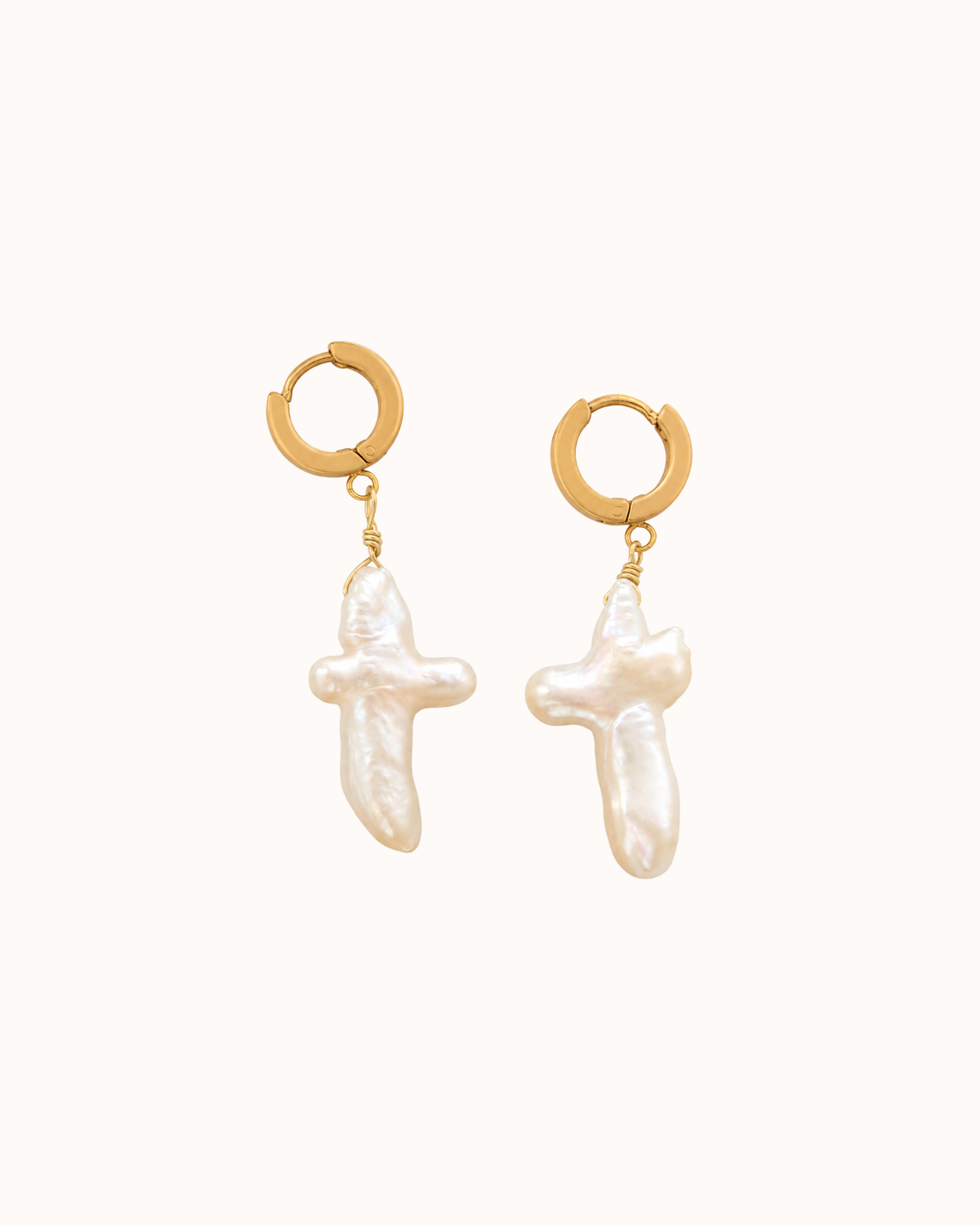 Irregular Shaped Pearl Cross Earrings- Huggie Hoop